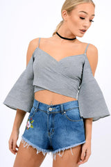 Black Gingham Cold Shouler Tie Back Crop Top - Leela