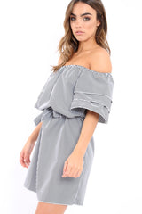 Gingham Bardot Dress with Ruffled Sleeves - Breena