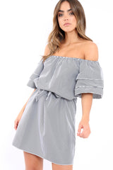 Gingham Bardot Dress with Ruffled Sleeves - Breena