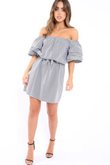 Gingham Bardot Dress with Ruffled Sleeves - Breena