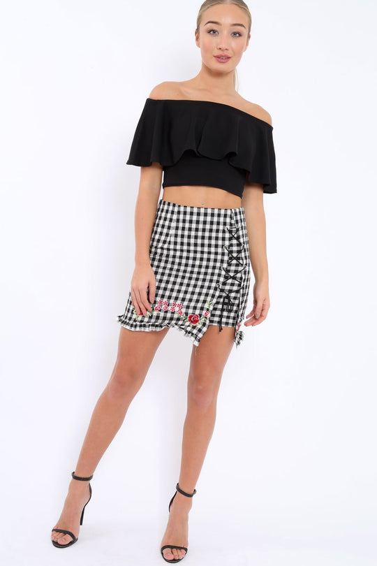 Gingham Lace up Skirt with Floral Embroidery - Juliet