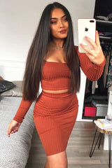 Rust Ribbed Square Neck Top and Midi Skirt Co-ord - Tiera