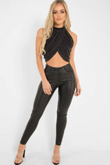 Black Glitter Slinky Halterneck Wrap Top - Giovanna