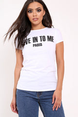 White Crew Neck Give In To Me Slogan T-Shirt - Karolina