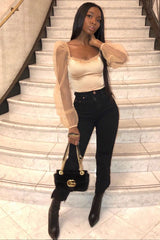 Gold Satin Mesh Sleeve Ruched Detail Crop Top - Rya