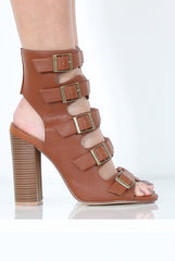 Tan Multi Buckle Block Heel - Claire