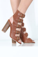 Tan Multi Buckle Block Heel - Claire