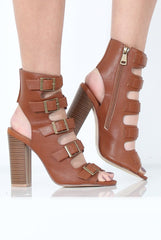 Tan Multi Buckle Block Heel - Claire