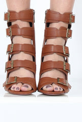 Tan Multi Buckle Block Heel - Claire