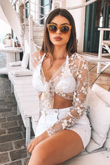 White Yellow Mesh Floral Tie Front Crop Top - Elana