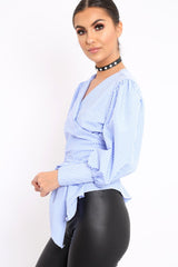 Blue Gingham Wrap Front Top - Gloria