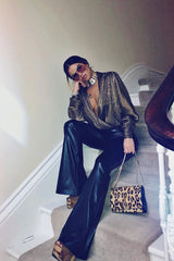 Gold Pleated Ruched Sleeve Plunge Bodysuit - Wynona