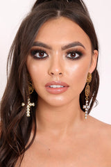 Gold Rose Pearl Coin Cross Drop Earrings - Calavera