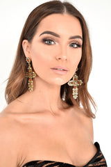 Burnished Gold Ornate Embellished Cross Earrings - Sayuri