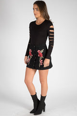 Black Denim Embroidered Button Skirt - Grace
