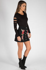 Black Denim Embroidered Button Skirt - Grace