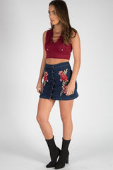 Dark Denim Embroidered Button Up Skirt - Grace