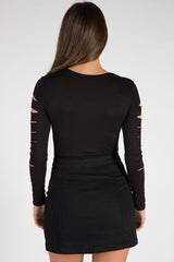 Black Denim Embroidered Button Skirt - Grace