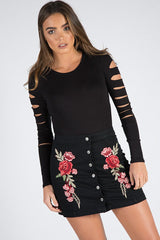 Black Denim Embroidered Button Skirt - Grace