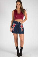 Dark Denim Embroidered Button Up Skirt - Grace