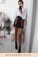 Black Denim Embroidered Button Skirt - Grace