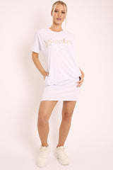 White and Gold Parisian Slogan T-shirt Dress - Claire