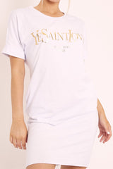 White and Gold Parisian Slogan T-shirt Dress - Claire