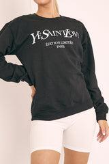 Black Parisian Slogan Front Oversized Sweatshirt - Tamy