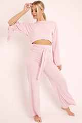 Pink Rib Crop Jumper Tie Wide Leg Trousers Loungewear Co-Ord - Mirabel
