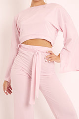 Pink Rib Crop Jumper Tie Wide Leg Trousers Loungewear Co-Ord - Mirabel