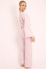 Pink Rib Crop Jumper Tie Wide Leg Trousers Loungewear Co-Ord - Mirabel