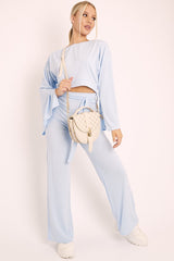 Blue Rib Crop Jumper Tie Wide Leg Trousers Loungewear Co-Ord - Mirabel