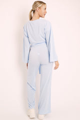 Blue Rib Crop Jumper Tie Wide Leg Trousers Loungewear Co-Ord - Mirabel