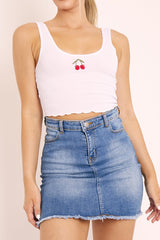 White Ribbed Vest Crop Top with Cherry Detail - Cadie
