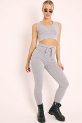 Grey Short Sleeve Hooded Crop Top and Leggings Loungewear Co-ord - Betty