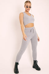 Grey Short Sleeve Hooded Crop Top and Leggings Loungewear Co-ord - Betty