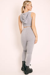 Grey Short Sleeve Hooded Crop Top and Leggings Loungewear Co-ord - Betty