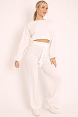 White Rib Crop Jumper Tie Wide Leg Trousers Loungewear Co-Ord - Mirabel