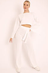White Rib Crop Jumper Tie Wide Leg Trousers Loungewear Co-Ord - Mirabel