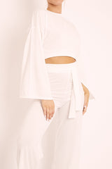 White Rib Crop Jumper Tie Wide Leg Trousers Loungewear Co-Ord - Mirabel