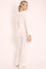 White Rib Crop Jumper Tie Wide Leg Trousers Loungewear Co-Ord - Mirabel