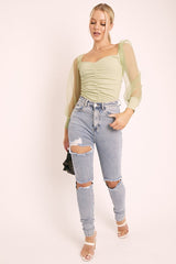 Sage Ruched Metallic Puff Sleeve Bodysuit - Elvie