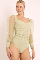 Sage Ruched Metallic Puff Sleeve Bodysuit - Elvie