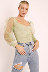 Sage Ruched Metallic Puff Sleeve Bodysuit - Elvie