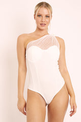 White Polka Mesh Corset One Shoulder Bodysuit - Carrie