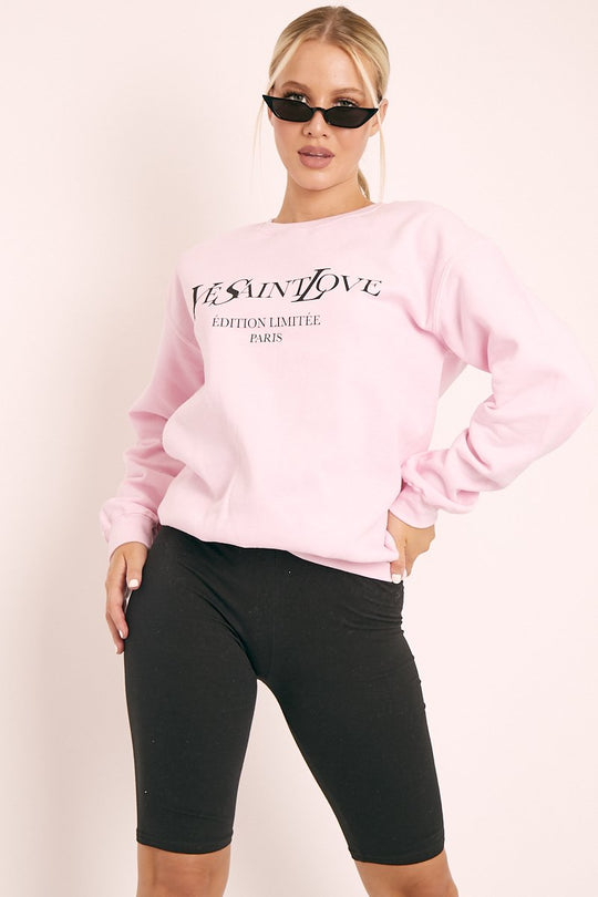 Pink Parisian Slogan Front Oversized Sweatshirt - Tamy
