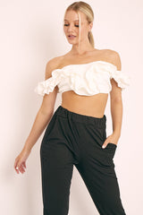 White Ruffle Front Bardot Crop Top - Lacie