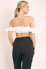 White Ruffle Front Bardot Crop Top - Lacie
