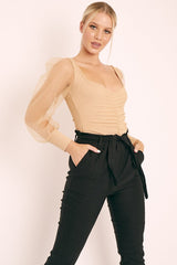 Beige Ruched Metallic Puff Sleeve Bodysuit - Elvie