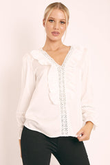 White Plunge Lace Neckline Blouse - Harleigh